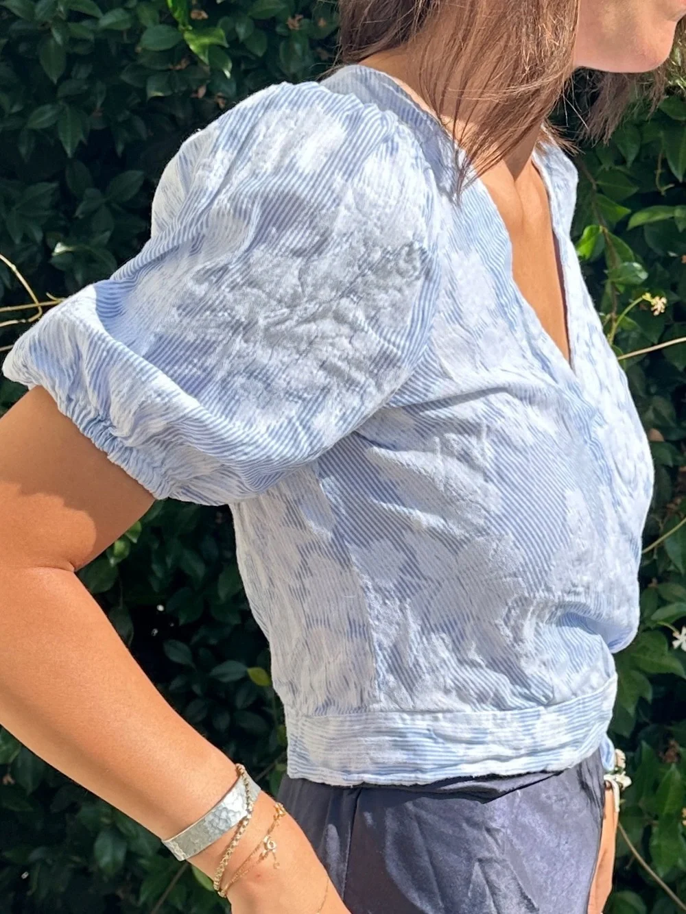 Banana Republic Light Blue Floral Wrap Blouse with Tie